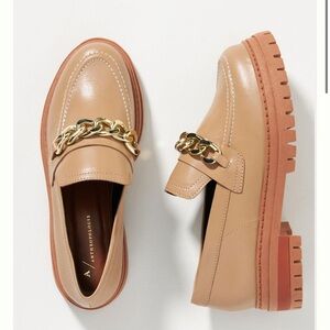 Anthropologie Lug Sole Platform Loafers with Gold Chain Detail